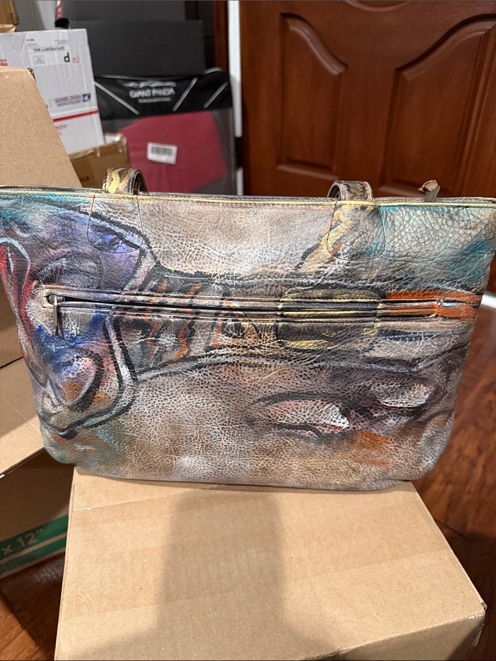 Jane Yoo Signed Hand-Painted Multicolor Leather Tote in Blue & Brown